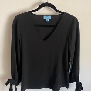 CeCe‎ Black Semi-Sheer V-Neck Blouse with Tie Cuffs Corporate Goth Alternative